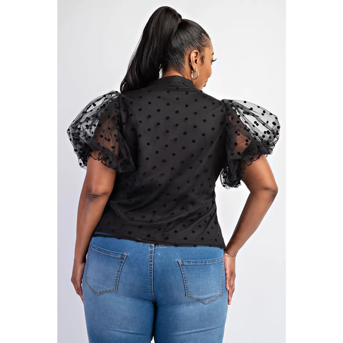 DOT MESH KNIT SHIRT WITH PUFF SLEEVE (plus)