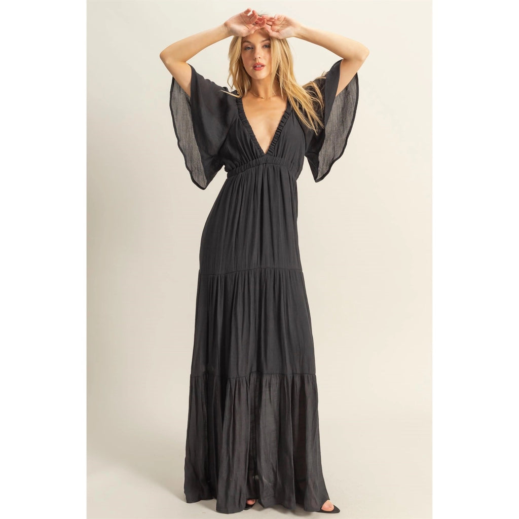 FLOWY SLEEVE TIERED MAXI DRESS