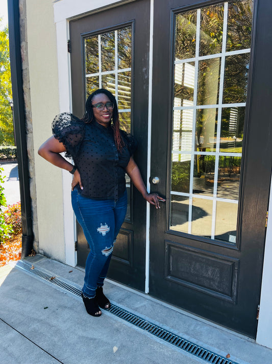 DOT MESH KNIT SHIRT WITH PUFF SLEEVE (plus)