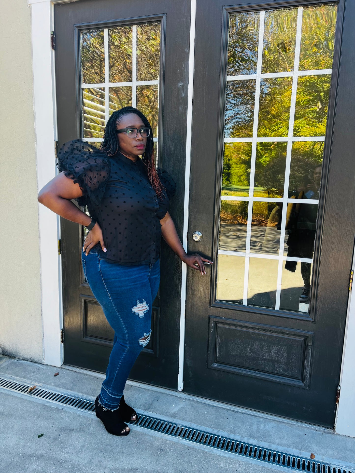 DOT MESH KNIT SHIRT WITH PUFF SLEEVE (plus)