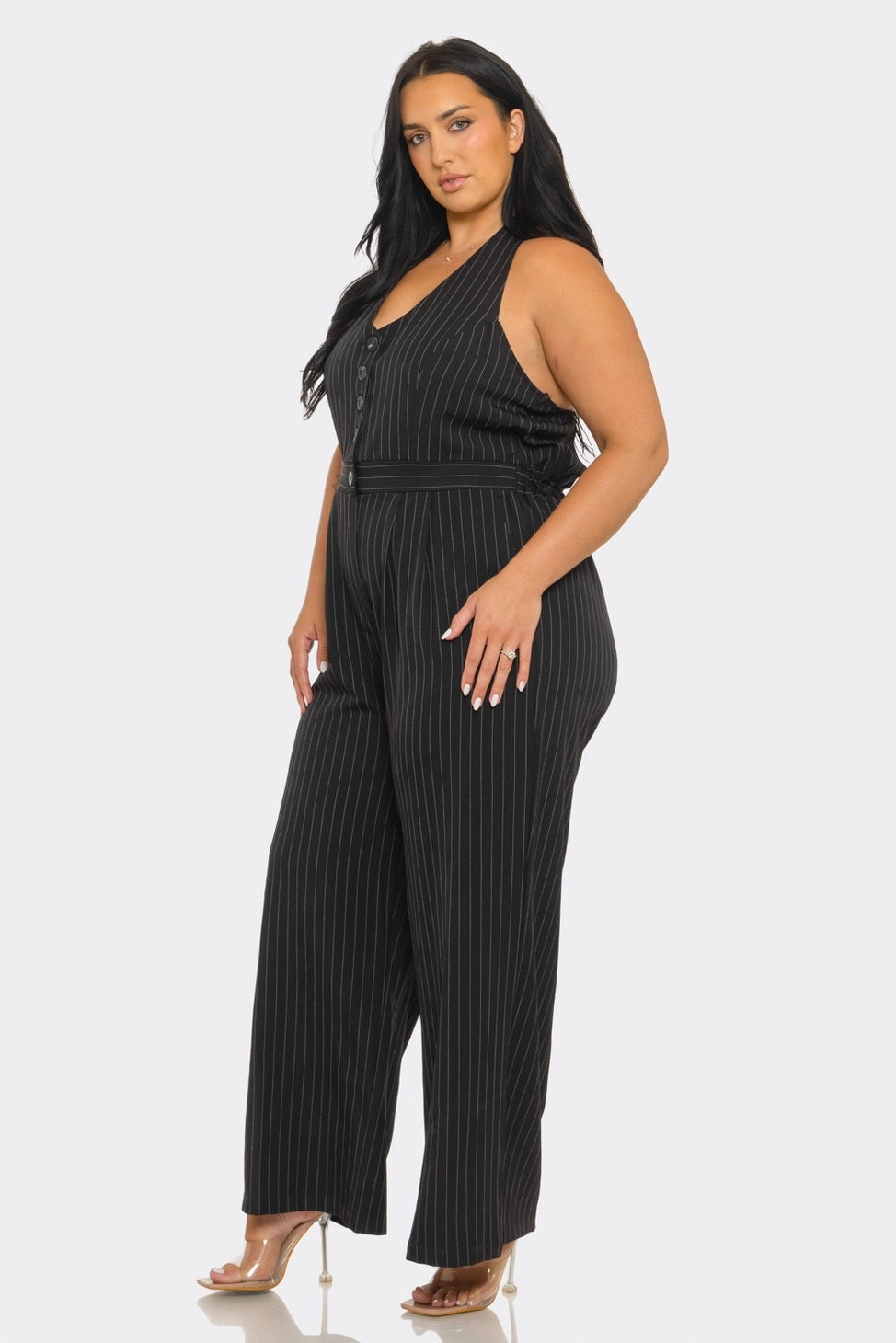 BUTTON DOWN STRIPE HALTER TIE JUMPSUIT (plus)