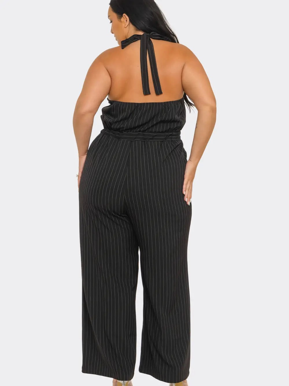 BUTTON DOWN STRIPE HALTER TIE JUMPSUIT (plus)